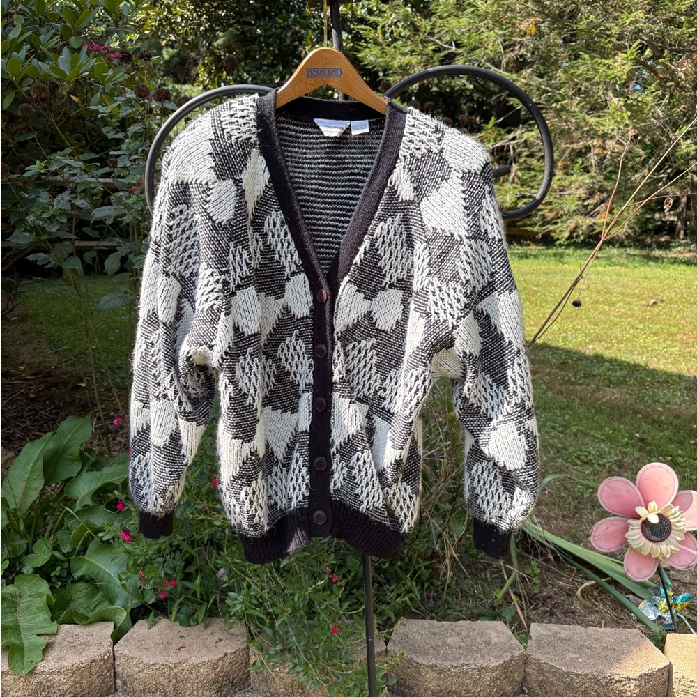 Vintage 1980s Black and White Checkered knit Cardigan size medium